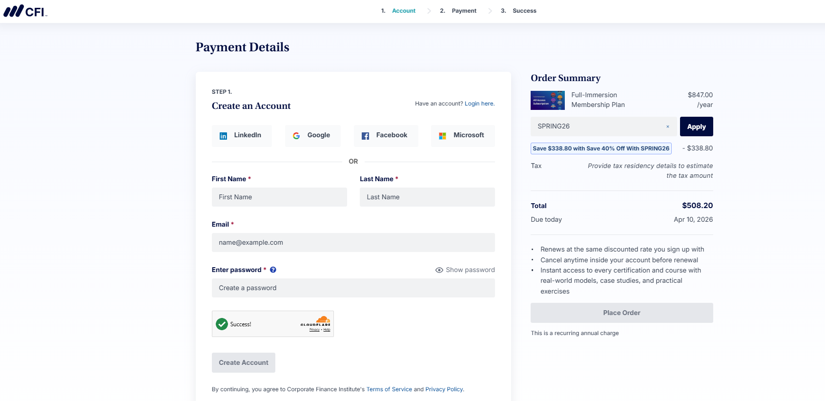 CFI create account page